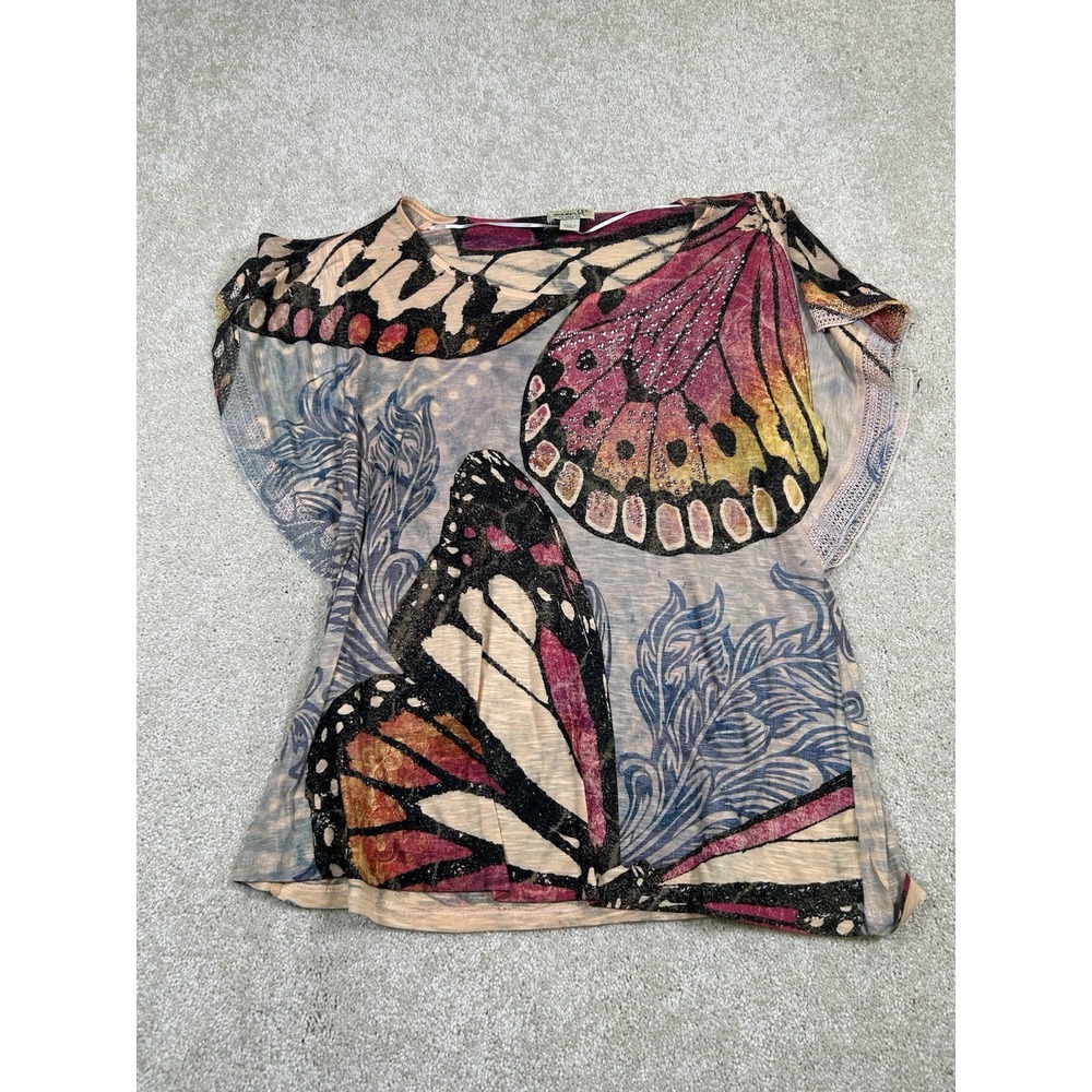 One World PL Womens Butterfly Embellished Tee Boho Fairy Hippie‎ Festival Goblin